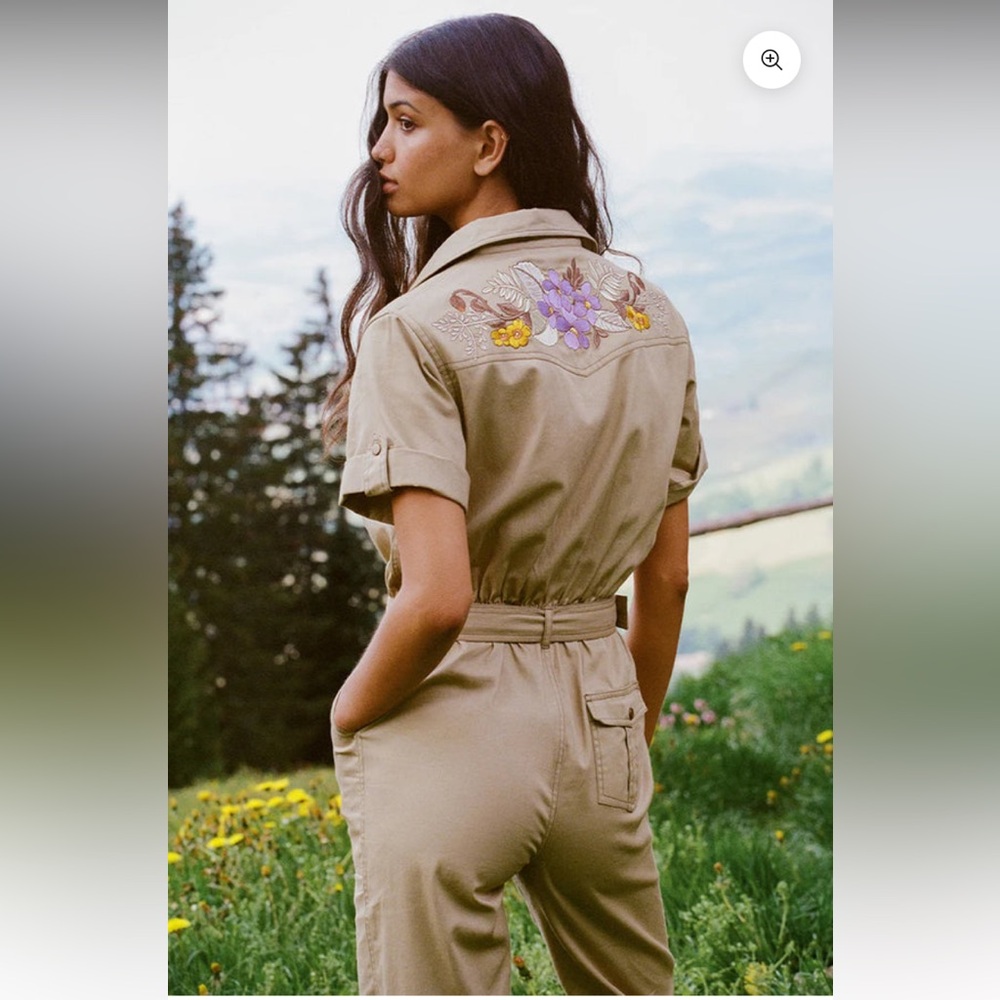 Spell | Foxglove Embroidered Boilersuit Jumpsuit | Sz Med | Khaki Organic Cotton